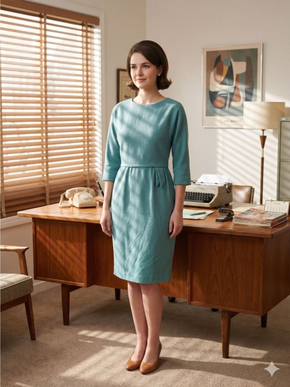 Vintage 1960s Blue Wool Dress Blouson 3/4 Sleeve Secretary Mod Career Womens S/M
